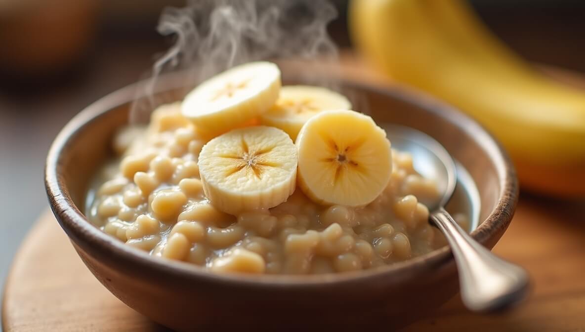 A bowl of oatmeal with banana, a gentle and easy-to-digest meal you can eat for Crohn’s disease