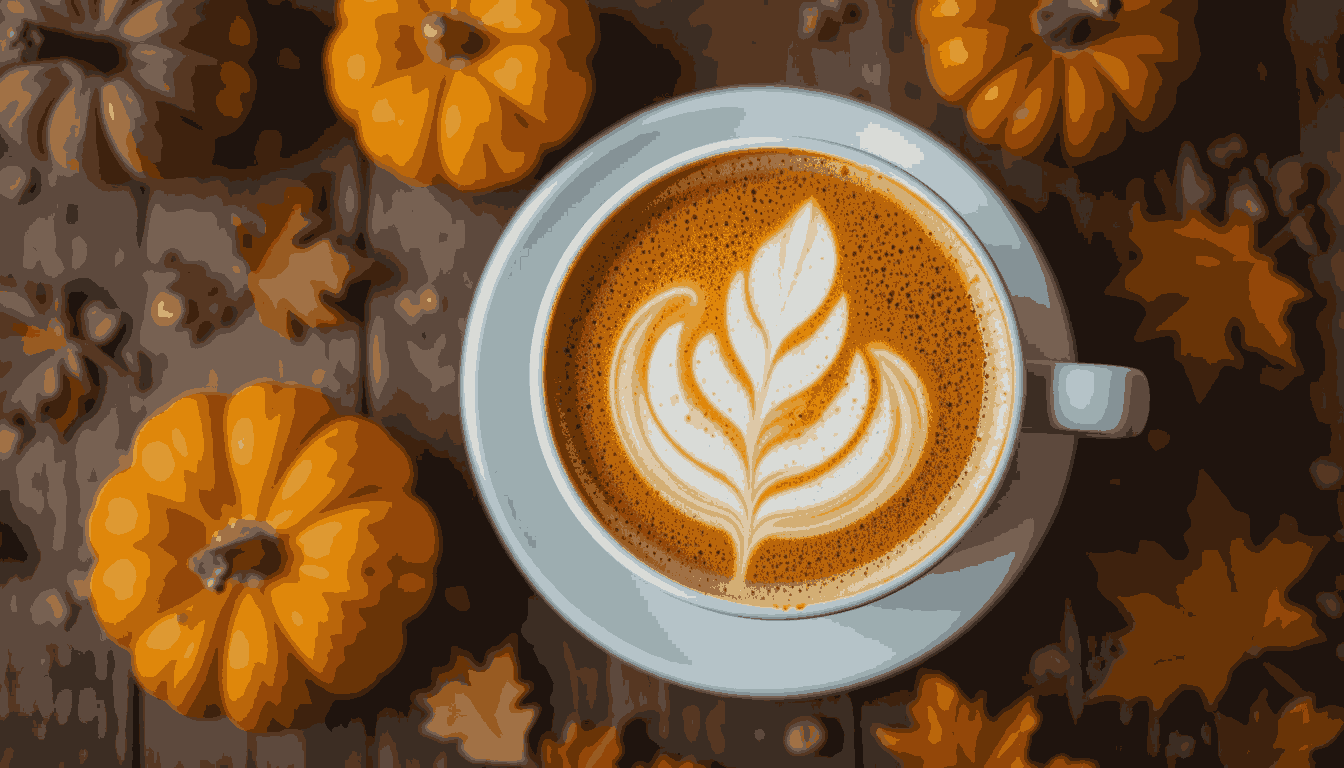 A detailed close-up of a pumpkin spice Starbucks latte with leaf-shaped latte art