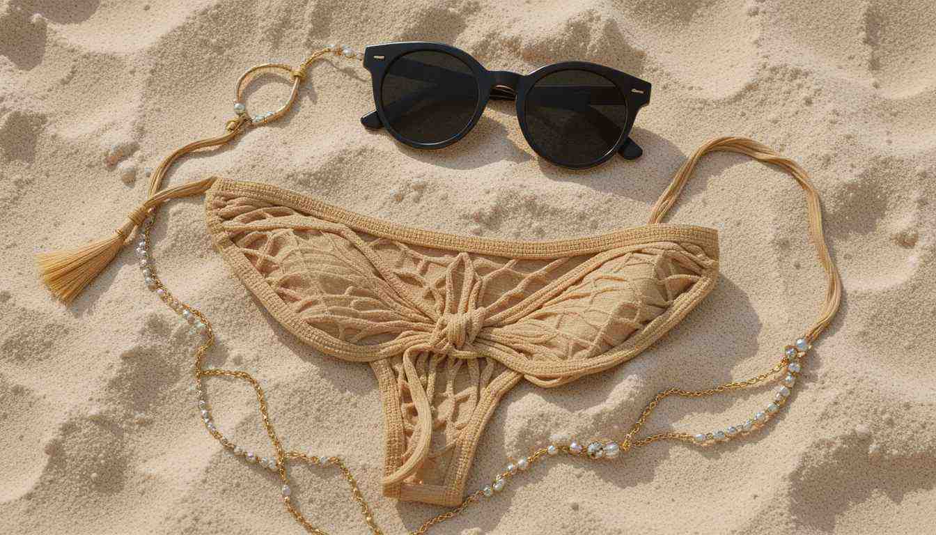 A gold string bikini and accessories similar to the style worn by Camille Kostek in her viral photos