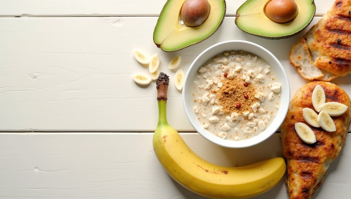 A variety of safe and gentle foods you can eat for Crohn's disease, including oatmeal, avocado, and banana, arranged neatly on a table