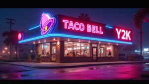A vibrant banner for the Taco Bell 2000s Y2K Menu comeback, featuring Y2K-style graphics and images of the returning food items (1)