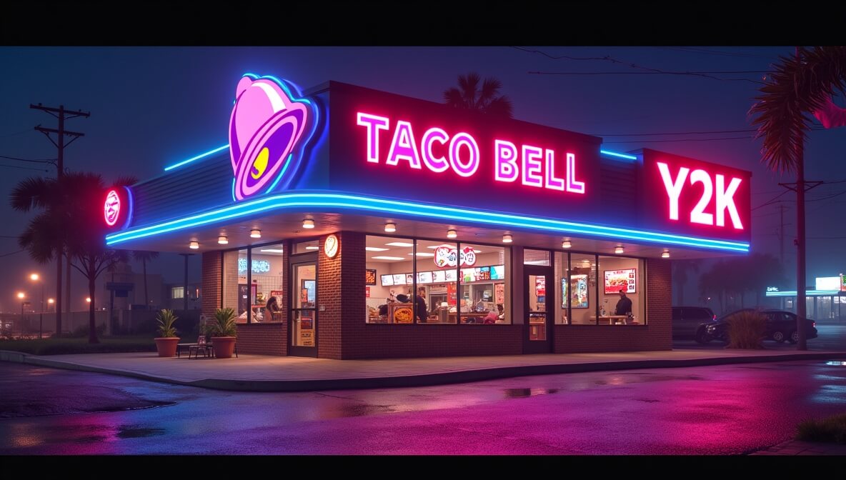A vibrant banner for the Taco Bell 2000s Y2K Menu comeback, featuring Y2K-style graphics and images of the returning food items (1)