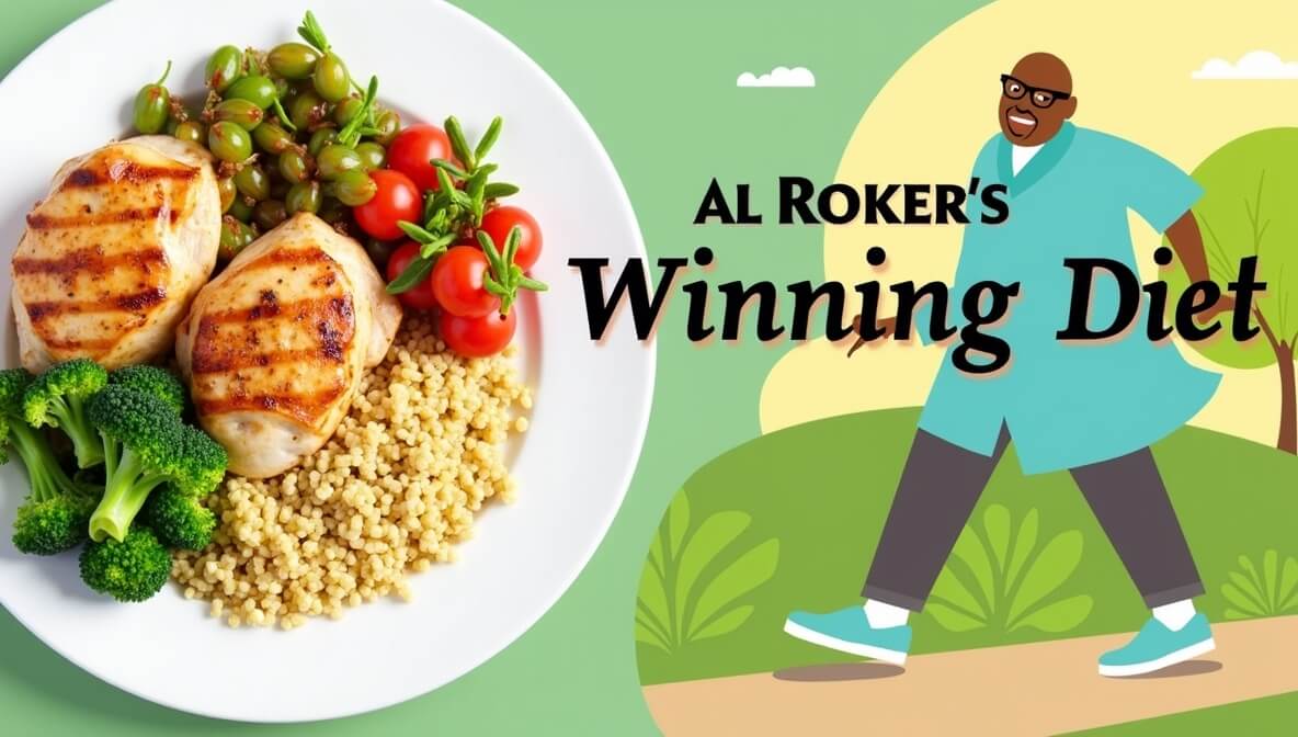 Al Roker's diet success shown through a plate of healthy food and an illustration of him exercising