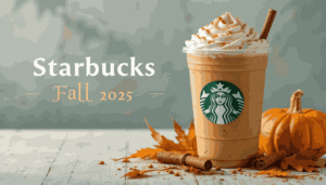 An iced and hot pumpkin spice Starbucks latte sit on a table surrounded by fall decorations, anticipating the 2025 release date