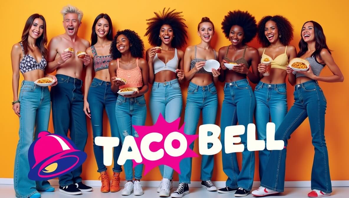 Happy people dressed in 2000s clothing enjoying the Taco Bell 2000s Y2K Menu