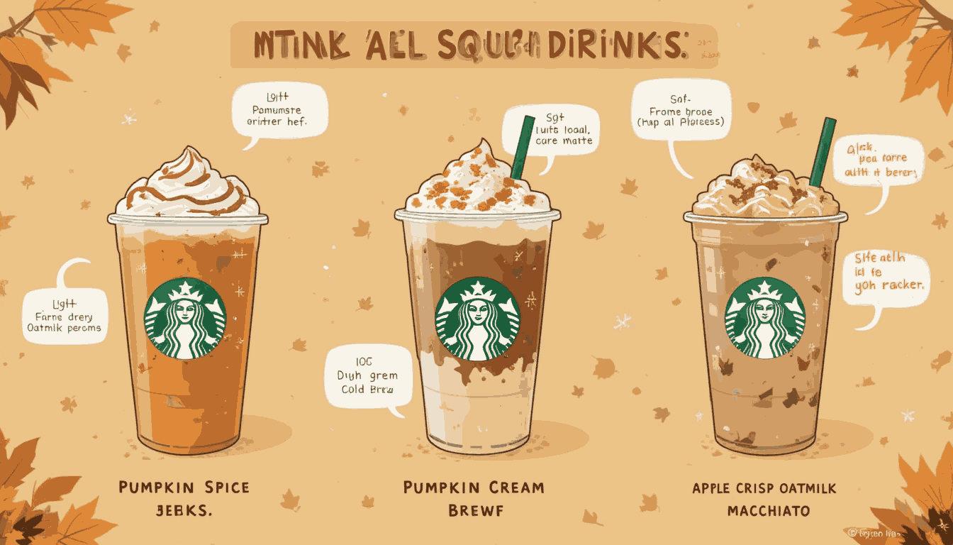 Infographic showing the main drinks on the Starbucks fall menu, including the pumpkin spice starbucks latte and its key ingredients