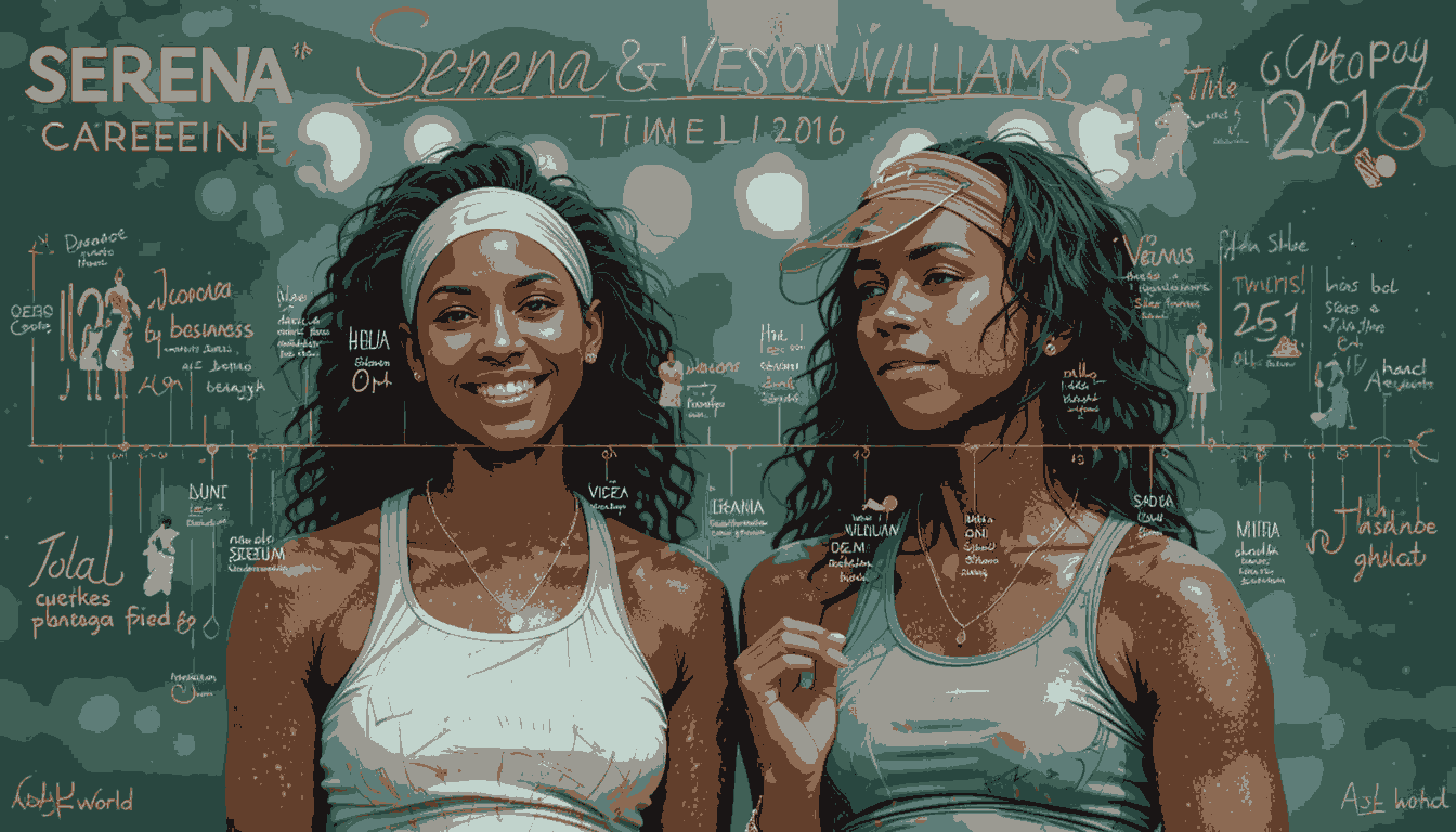 Infographic timeline showcasing the career highlights and fashion evolution of Serena and Venus Williams, a topic that sparks interest in details like Venus Williams husband