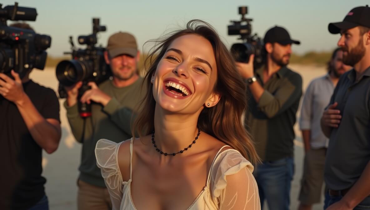 Natalie Portman smiling on set, exemplifying the joy she finds in filmmaking and storytelling