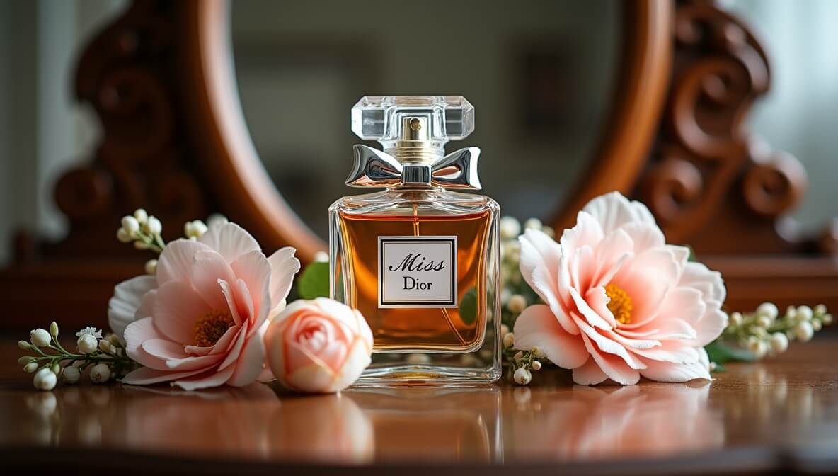 Perfume bottle on a vanity, representing Natalie Portman's belief in scent as a tool for accessing joy and memory