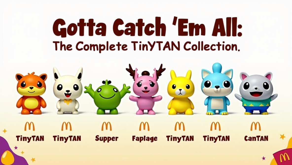 A chart showing all 7 collectible McDonald's BTS TinyTAN toys RM, Jin, SUGA, j-hope, Jimin, V, and Jungkook