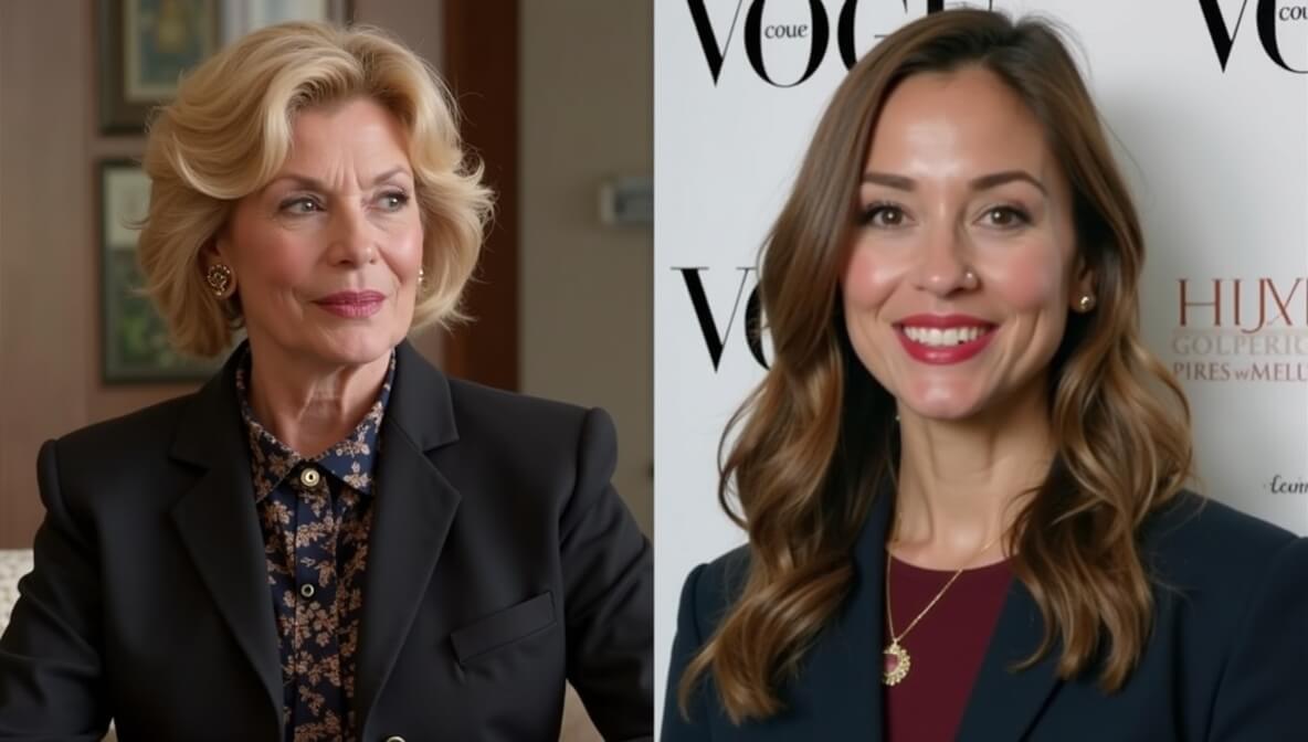 A collage showing Candice Bergen as a fictional Vogue editor next to her daughter, real-life Vogue contributor Chloe Malle