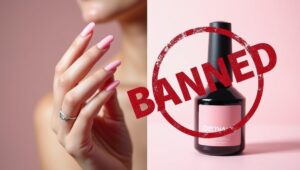 A hand with a beautiful manicure next to a bottle of gel nail polish that has been banned in Europe