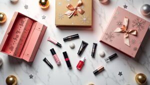 A luxurious flat lay of the best luxury beauty advent calendar options for 2024 from brands like Selfridges and Elemis