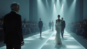 An artistic banner celebrating the legacy of Giorgio Armani, featuring his iconic designs and red carpet moments