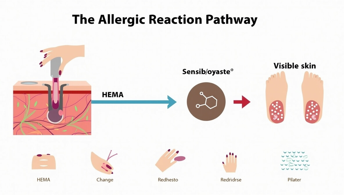 Infographic showing how HEMA in gel nail polish causes an allergic reaction, leading to the ingredient being banned