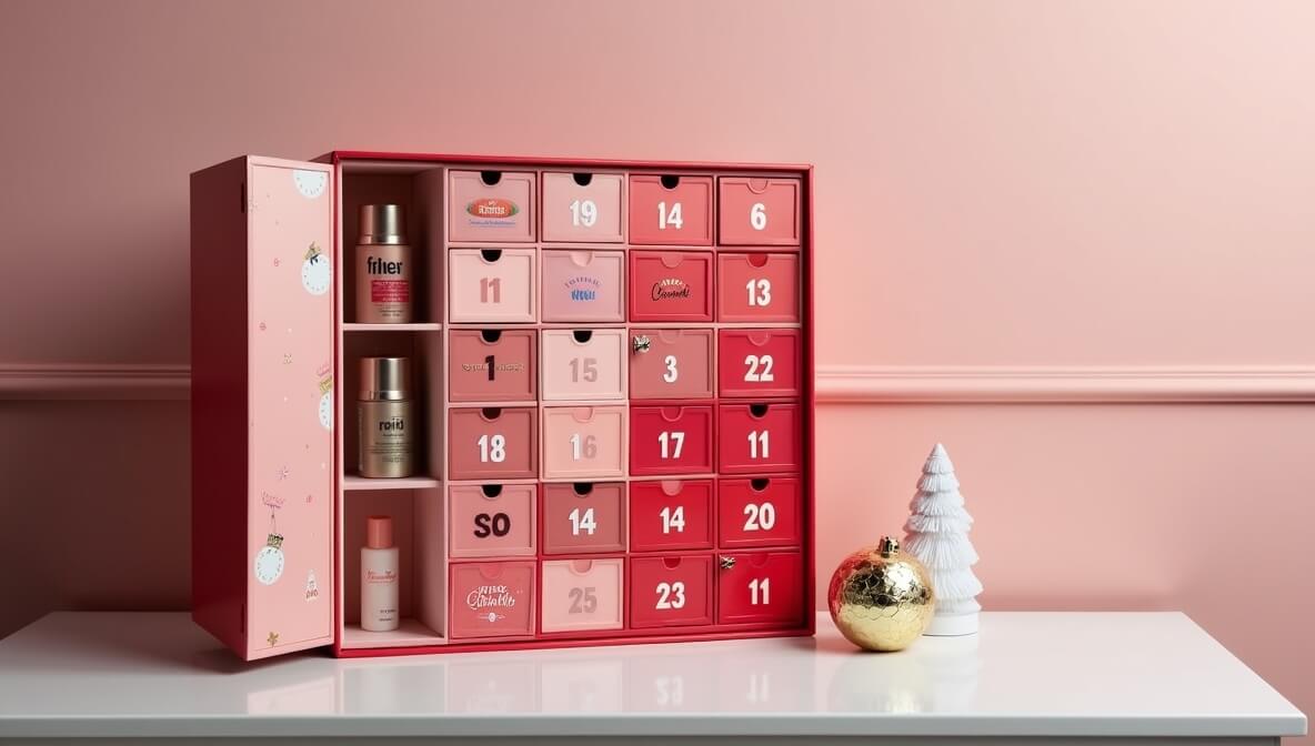 The 2024 Selfridges luxury beauty advent calendar box on a festive vanity